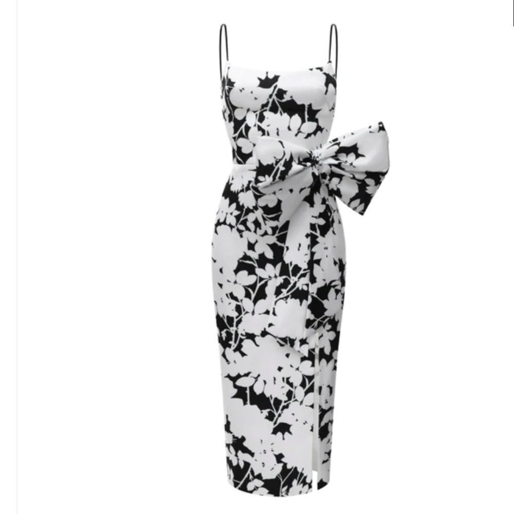 BOW-EMBELLISHED FLORAL-PRINT SATIN MIDI DRESS